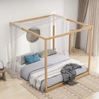 Cadre de lit plateforme bas à baldaquin Naturel/Blanc, Bois de pin+MDF, Queen/King, 2 personnes