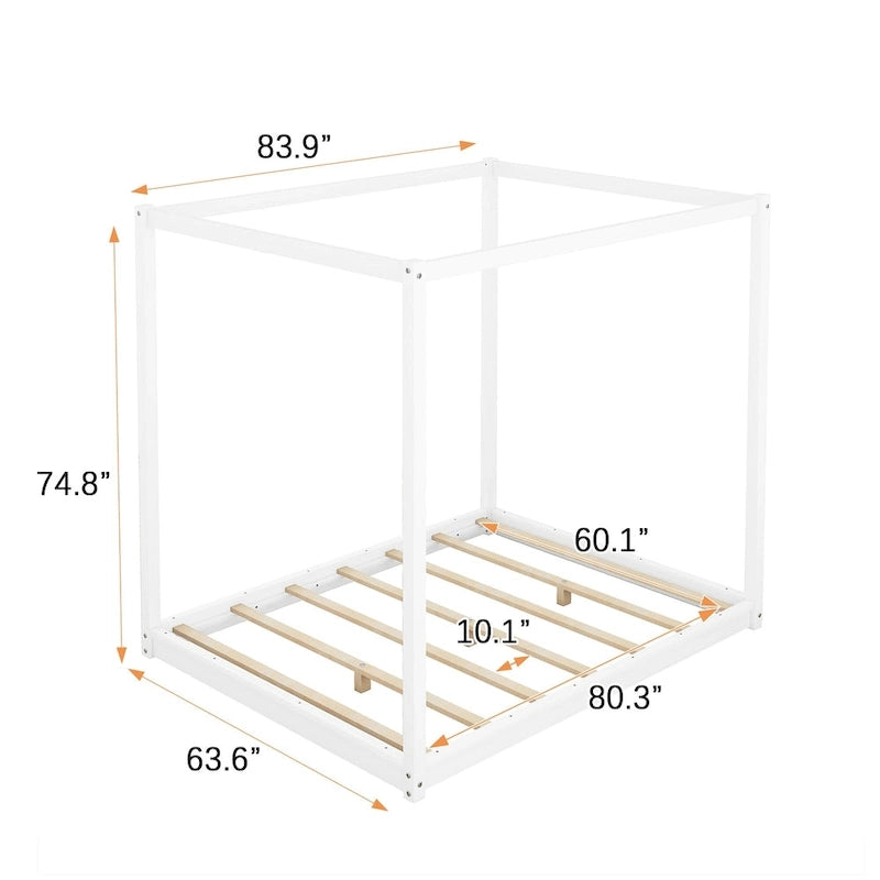 Cadre de lit plateforme bas à baldaquin Naturel/Blanc, Bois de pin+MDF, Queen/King, 2 personnes