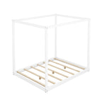 Cadre de lit plateforme bas à baldaquin Naturel/Blanc, Bois de pin+MDF, Queen/King, 2 personnes