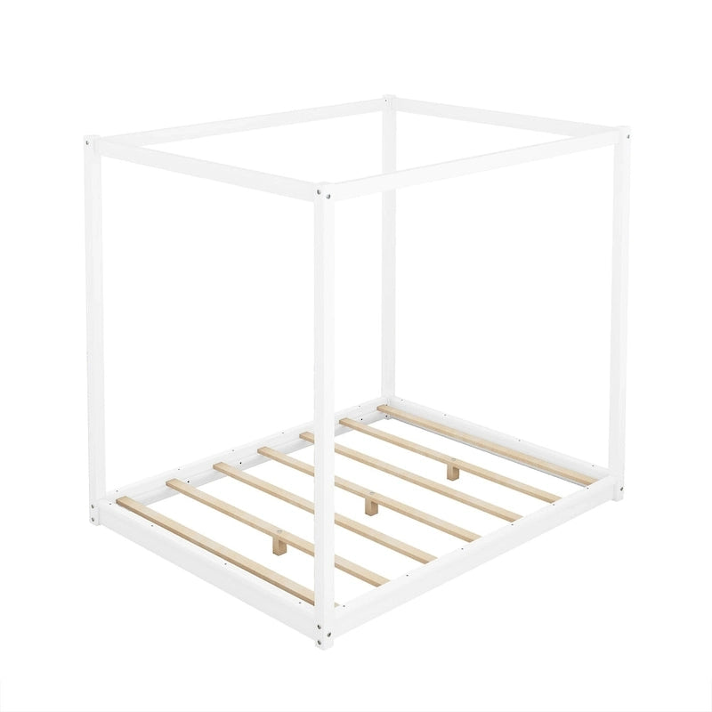 Cadre de lit plateforme bas à baldaquin Naturel/Blanc, Bois de pin+MDF, Queen/King, 2 personnes