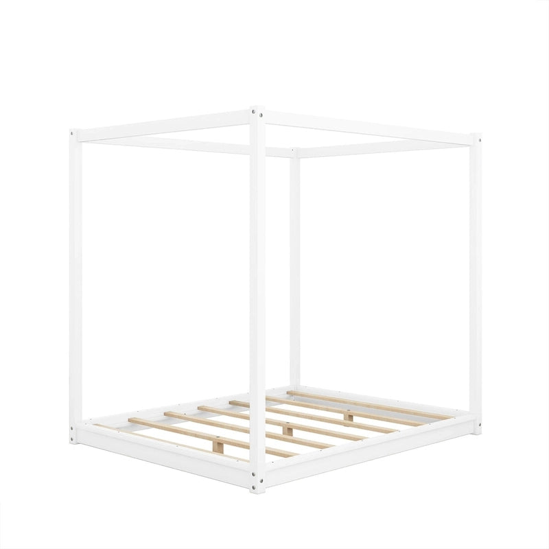 Cadre de lit plateforme bas à baldaquin Naturel/Blanc, Bois de pin+MDF, Queen/King, 2 personnes