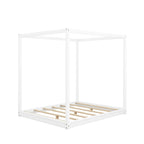 Cadre de lit plateforme bas à baldaquin Naturel/Blanc, Bois de pin+MDF, Queen/King, 2 personnes
