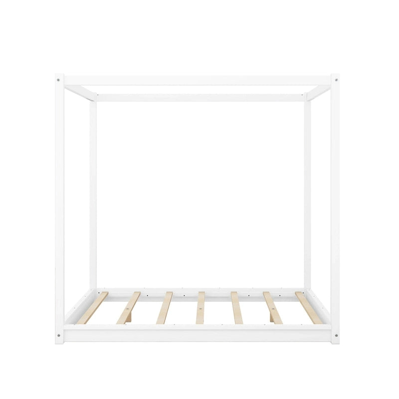 Cadre de lit plateforme bas à baldaquin Naturel/Blanc, Bois de pin+MDF, Queen/King, 2 personnes