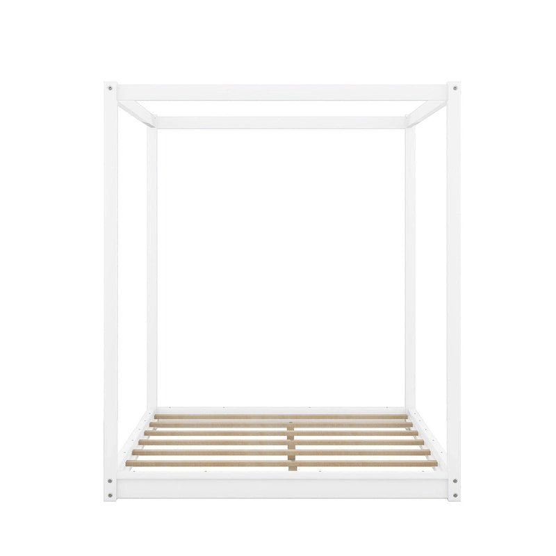 Cadre de lit plateforme bas à baldaquin Naturel/Blanc, Bois de pin+MDF, Queen/King, 2 personnes