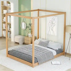 Cadre de lit plateforme bas à baldaquin Naturel/Blanc, Bois de pin+MDF, Queen/King, 2 personnes
