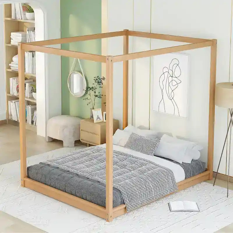 Cadre de lit plateforme bas à baldaquin Naturel/Blanc, Bois de pin+MDF, Queen/King, 2 personnes
