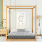 Cadre de lit plateforme bas à baldaquin Naturel/Blanc, Bois de pin+MDF, Queen/King, 2 personnes