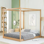 Cadre de lit plateforme bas à baldaquin Naturel/Blanc, Bois de pin+MDF, Queen/King, 2 personnes