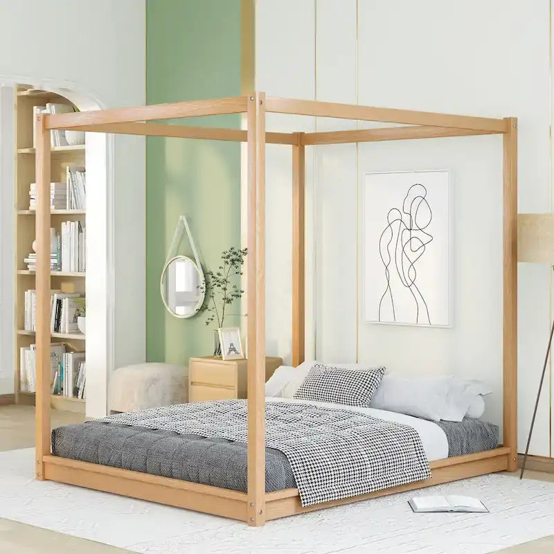 Cadre de lit plateforme bas à baldaquin Naturel/Blanc, Bois de pin+MDF, Queen/King, 2 personnes