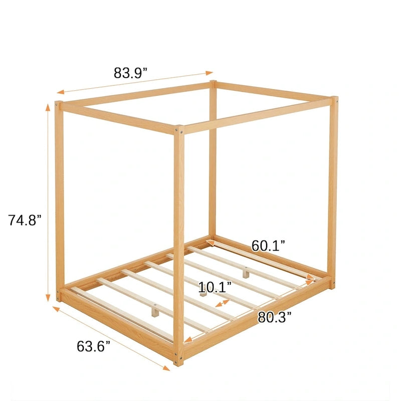 Cadre de lit plateforme bas à baldaquin Naturel/Blanc, Bois de pin+MDF, Queen/King, 2 personnes