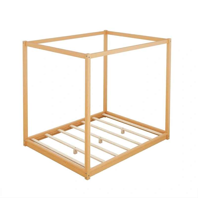 Cadre de lit plateforme bas à baldaquin Naturel/Blanc, Bois de pin+MDF, Queen/King, 2 personnes