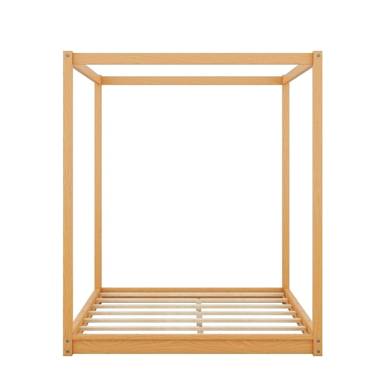 Cadre de lit plateforme bas à baldaquin Naturel/Blanc, Bois de pin+MDF, Queen/King, 2 personnes