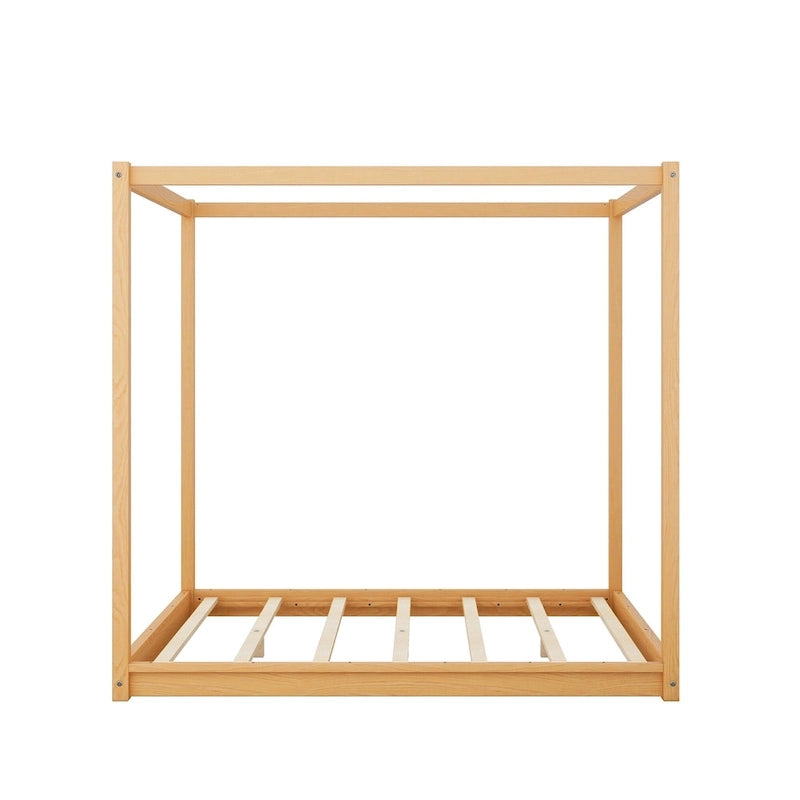 Cadre de lit plateforme bas à baldaquin Naturel/Blanc, Bois de pin+MDF, Queen/King, 2 personnes