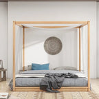 Cadre de lit plateforme bas à baldaquin Naturel/Blanc, Bois de pin+MDF, Queen/King, 2 personnes