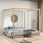 Cadre de lit plateforme bas à baldaquin Naturel/Blanc, Bois de pin+MDF, Queen/King, 2 personnes