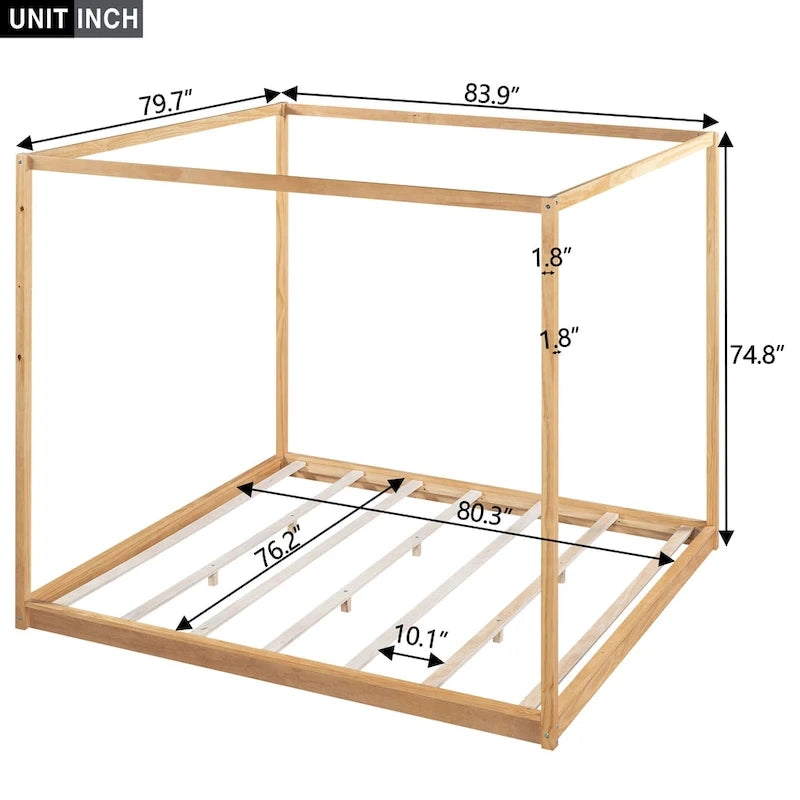 Cadre de lit plateforme bas à baldaquin Naturel/Blanc, Bois de pin+MDF, Queen/King, 2 personnes