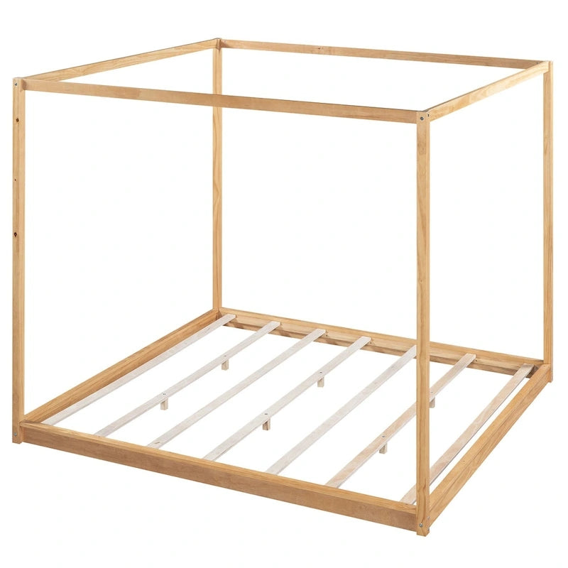 Cadre de lit plateforme bas à baldaquin Naturel/Blanc, Bois de pin+MDF, Queen/King, 2 personnes