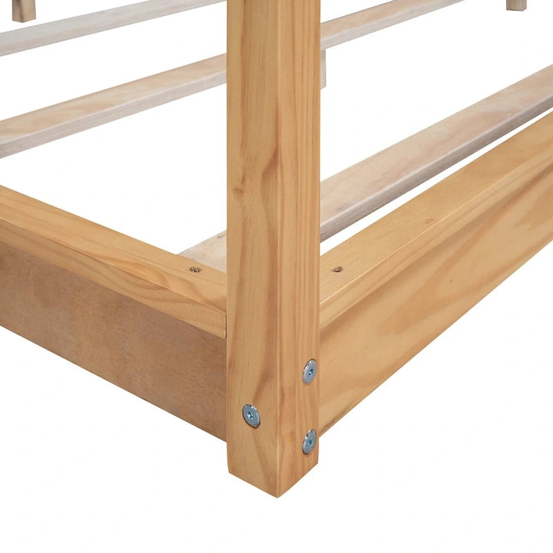 Cadre de lit plateforme bas à baldaquin Naturel/Blanc, Bois de pin+MDF, Queen/King, 2 personnes