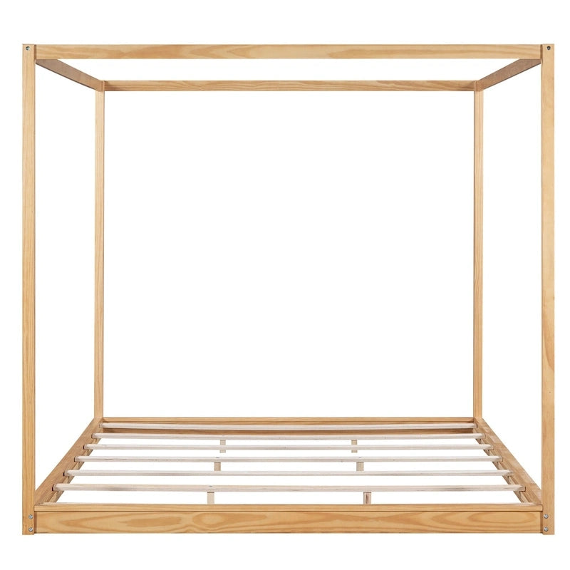Cadre de lit plateforme bas à baldaquin Naturel/Blanc, Bois de pin+MDF, Queen/King, 2 personnes