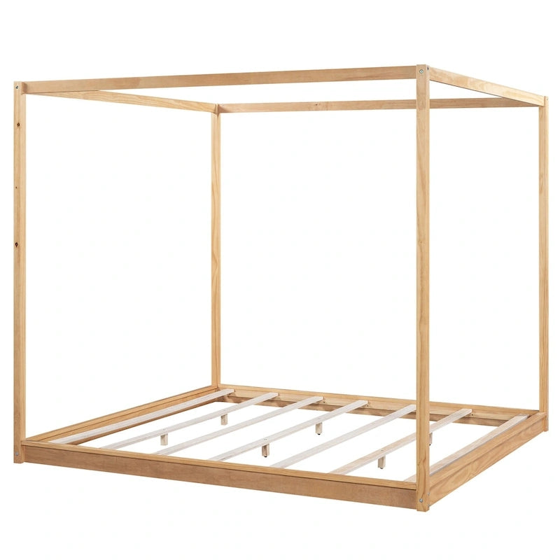 Cadre de lit plateforme bas à baldaquin Naturel/Blanc, Bois de pin+MDF, Queen/King, 2 personnes