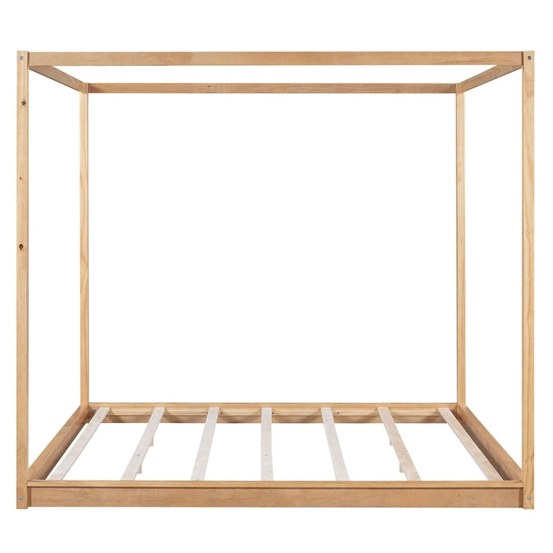Cadre de lit plateforme bas à baldaquin Naturel/Blanc, Bois de pin+MDF, Queen/King, 2 personnes