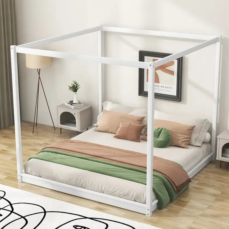 Cadre de lit plateforme bas à baldaquin Naturel/Blanc, Bois de pin+MDF, Queen/King, 2 personnes