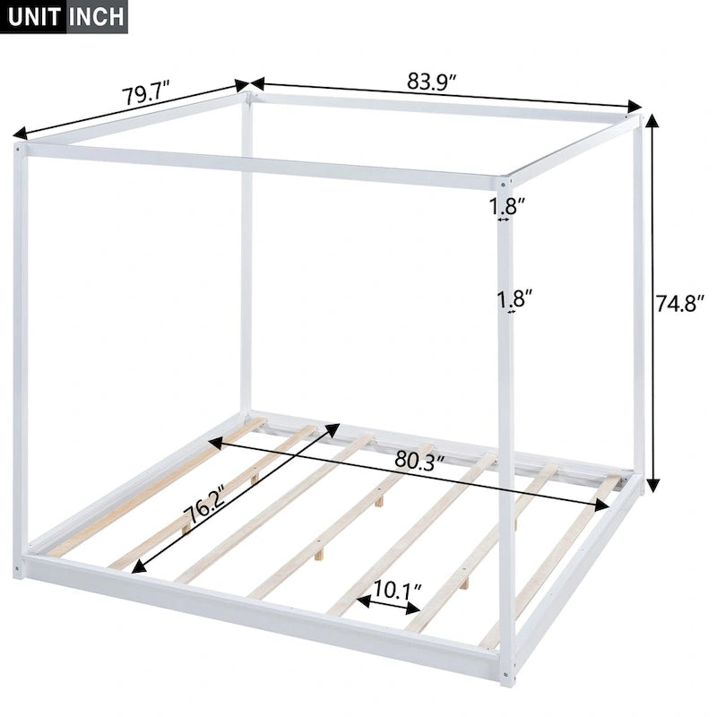 Cadre de lit plateforme bas à baldaquin Naturel/Blanc, Bois de pin+MDF, Queen/King, 2 personnes