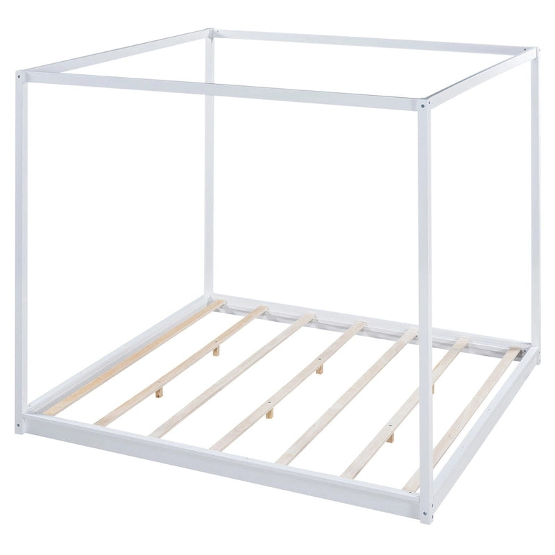 Cadre de lit plateforme bas à baldaquin Naturel/Blanc, Bois de pin+MDF, Queen/King, 2 personnes