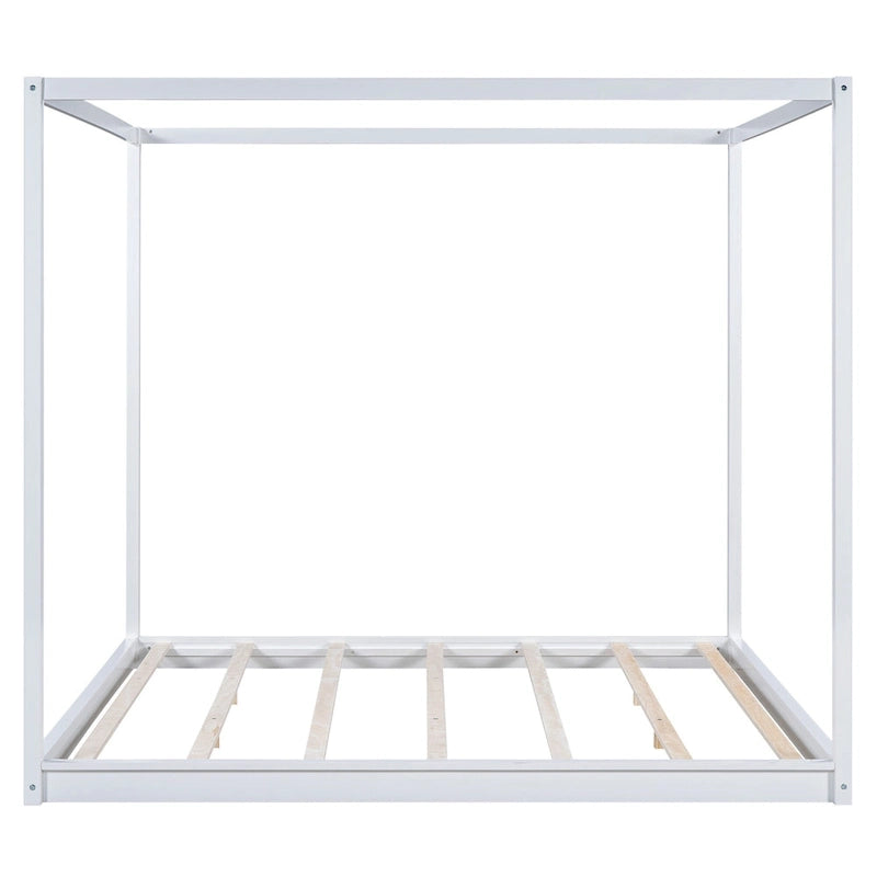 Cadre de lit plateforme bas à baldaquin Naturel/Blanc, Bois de pin+MDF, Queen/King, 2 personnes