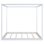 Cadre de lit plateforme bas à baldaquin Naturel/Blanc, Bois de pin+MDF, Queen/King, 2 personnes