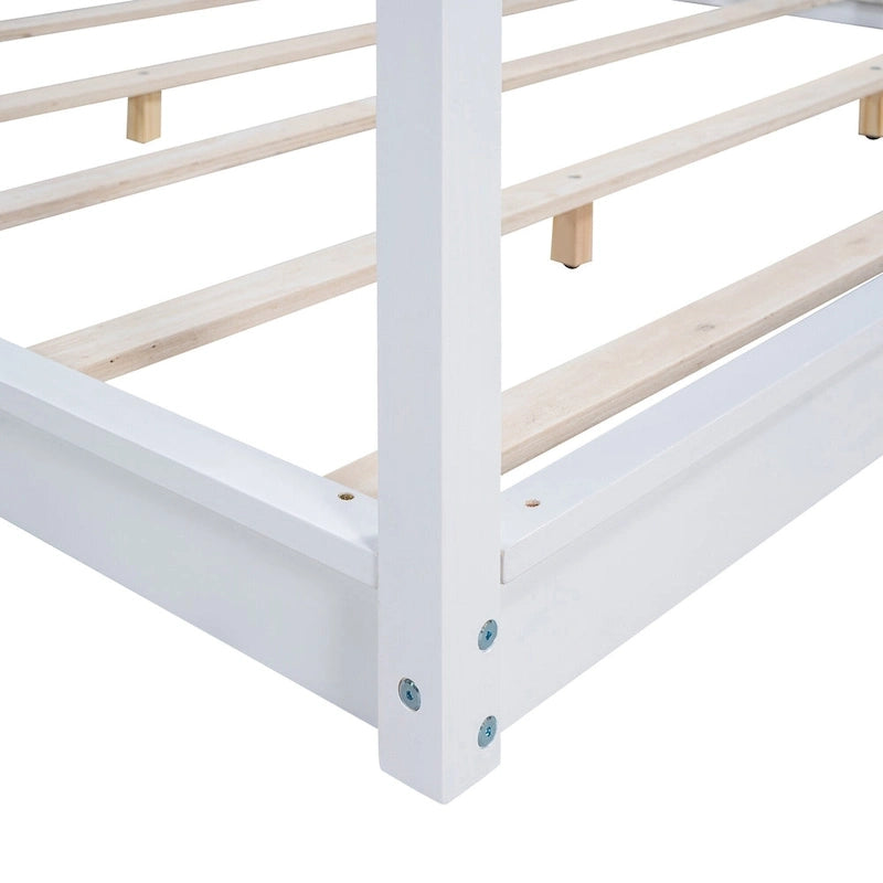 Cadre de lit plateforme bas à baldaquin Naturel/Blanc, Bois de pin+MDF, Queen/King, 2 personnes