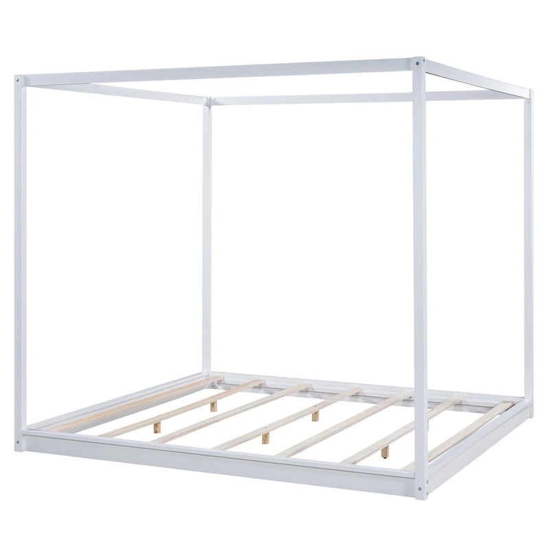 Cadre de lit plateforme bas à baldaquin Naturel/Blanc, Bois de pin+MDF, Queen/King, 2 personnes