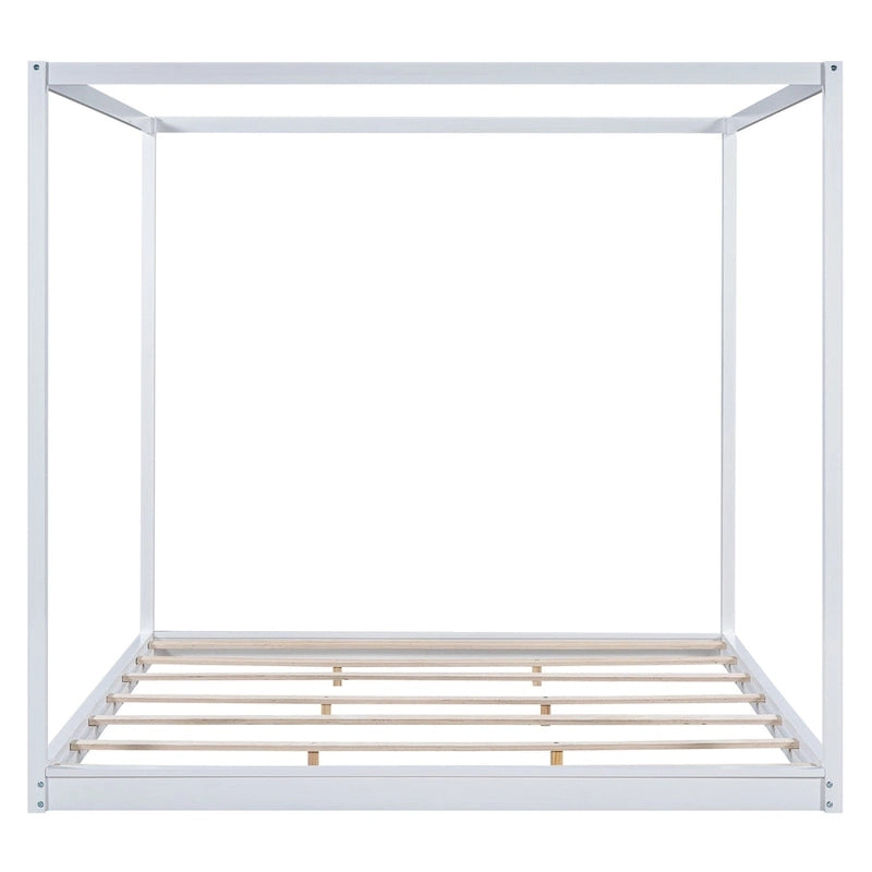 Cadre de lit plateforme bas à baldaquin Naturel/Blanc, Bois de pin+MDF, Queen/King, 2 personnes
