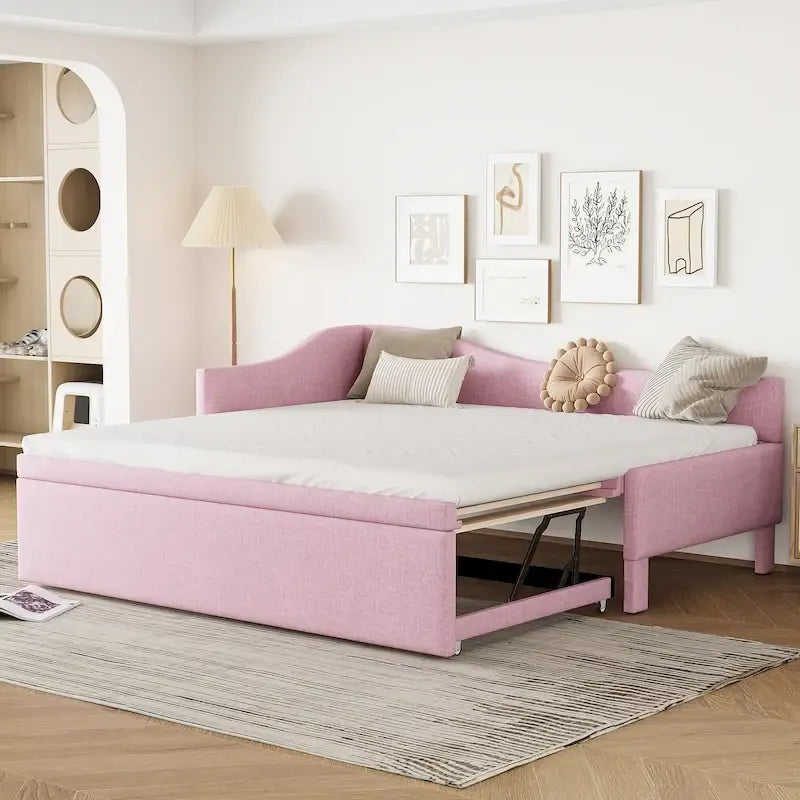 Lit de repos double rembourré avec lit gigogne escamotable, rose, 2 couchages