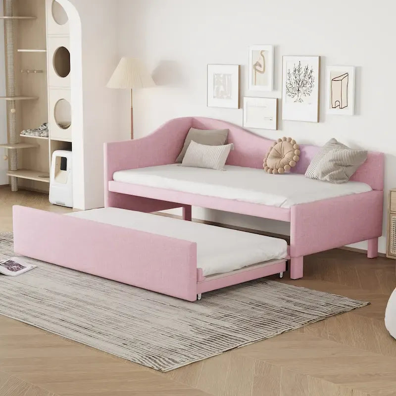 Lit de repos double rembourré avec lit gigogne escamotable, rose, 2 couchages
