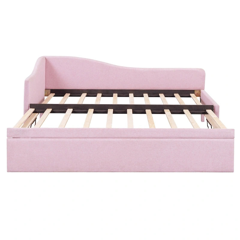 Lit de repos double rembourré avec lit gigogne escamotable, rose, 2 couchages