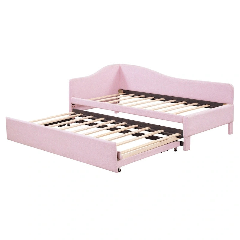 Lit de repos double rembourré avec lit gigogne escamotable, rose, 2 couchages
