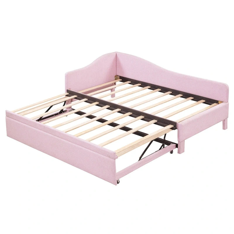 Lit de repos double rembourré avec lit gigogne escamotable, rose, 2 couchages