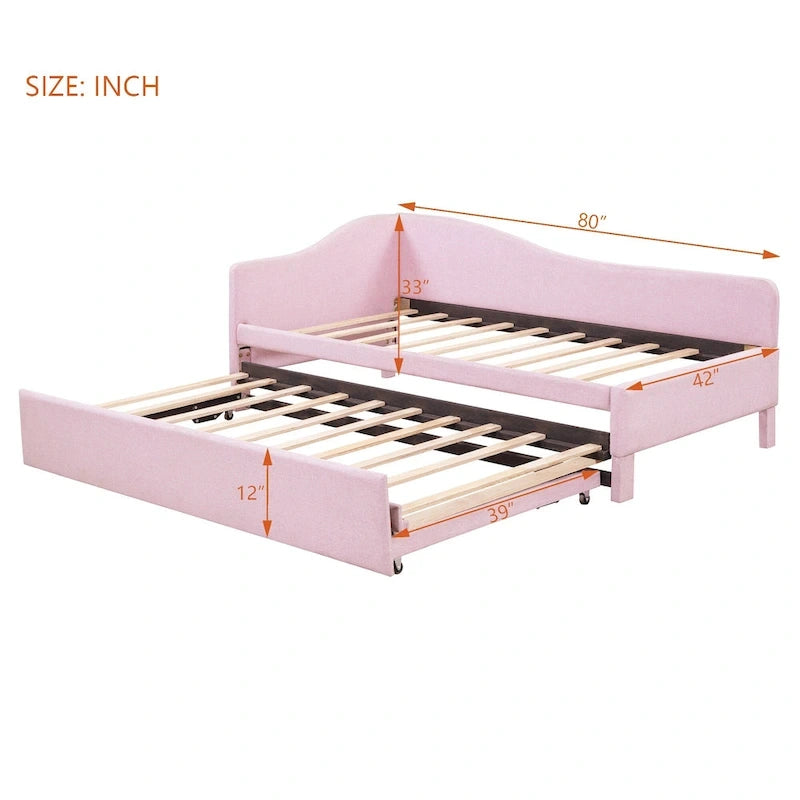 Lit de repos double rembourré avec lit gigogne escamotable, rose, 2 couchages
