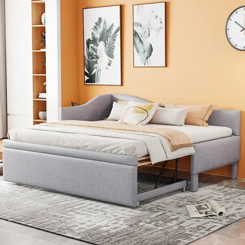 Lit de repos double rembourré avec lit gigogne escamotable, rose, 2 couchages