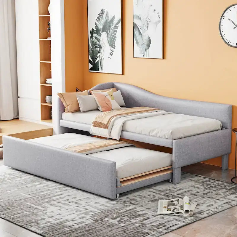 Lit de repos double rembourré avec lit gigogne escamotable, rose, 2 couchages