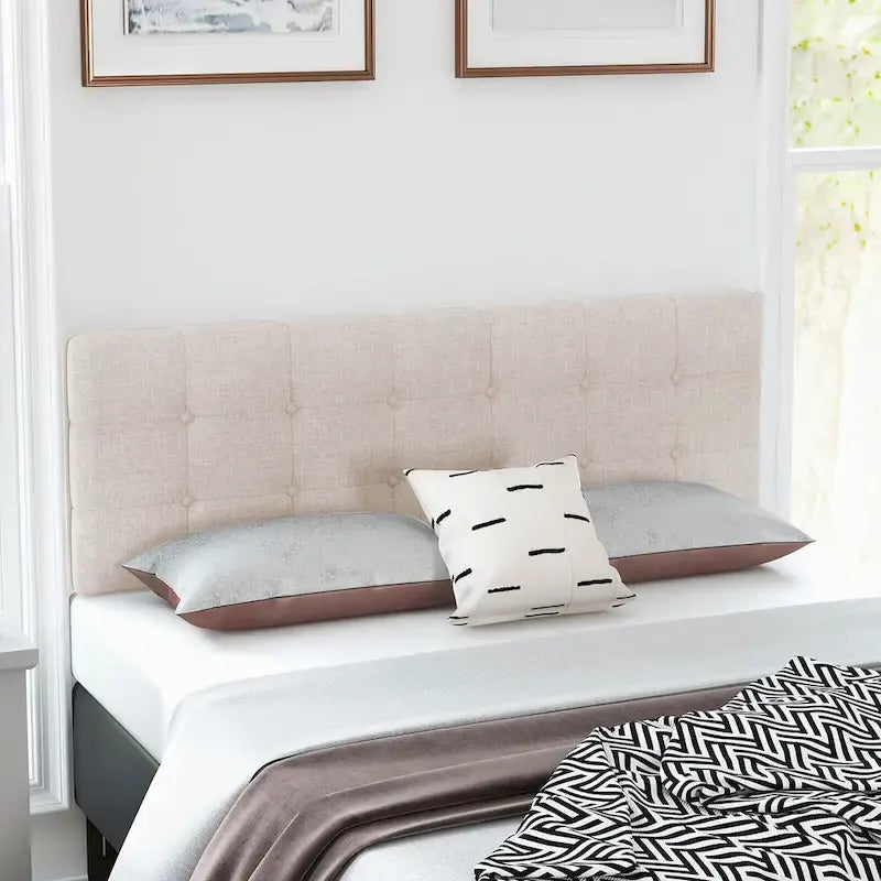 Tête de lit capitonnée en lin beige, Taille Double/Grand Lit, 1 personne