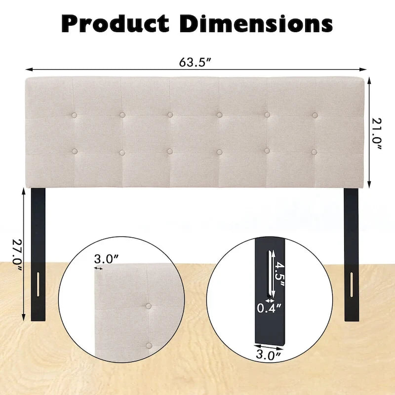Tête de lit capitonnée en lin beige, Taille Double/Grand Lit, 1 personne