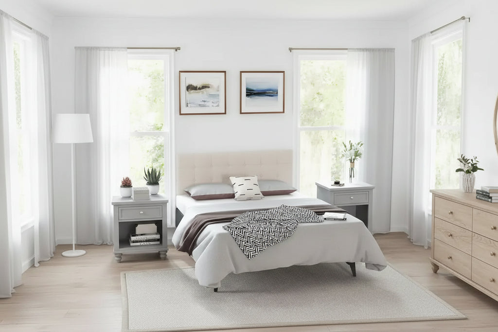 Tête de lit capitonnée en lin beige, Taille Double/Grand Lit, 1 personne