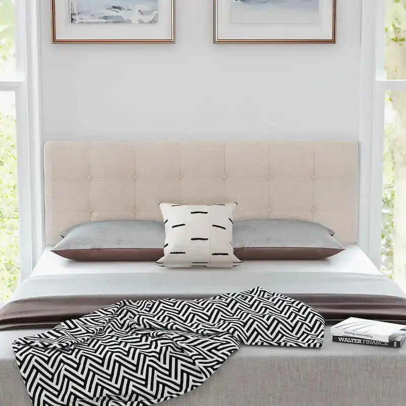 Tête de lit capitonnée en lin beige, Taille Double/Grand Lit, 1 personne