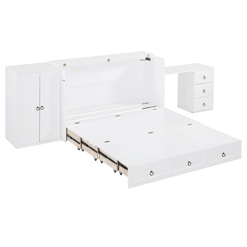 Lit escamotable blanc avec bureau, armoire et tiroir – Grand lit, 1 personne