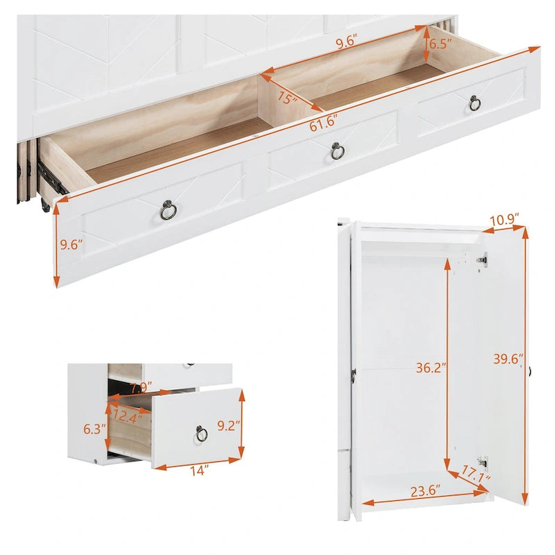 Lit escamotable blanc avec bureau, armoire et tiroir – Grand lit, 1 personne