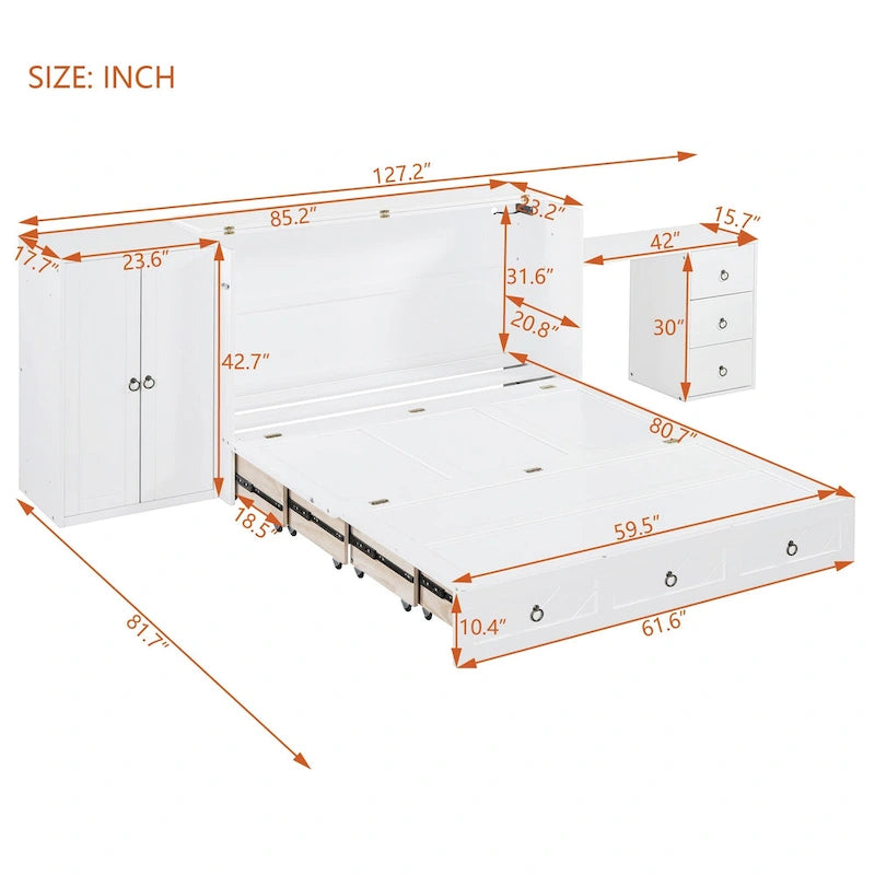 Lit escamotable blanc avec bureau, armoire et tiroir – Grand lit, 1 personne