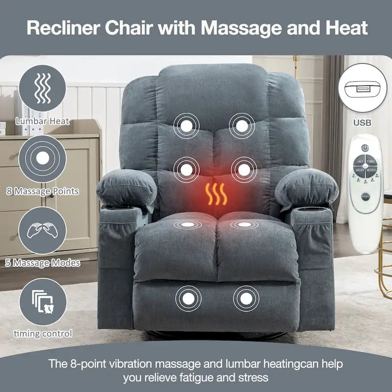 Fauteuil inclinable à bascule avec fonction chauffante et massante (bleu/marron/gris), 1 personne