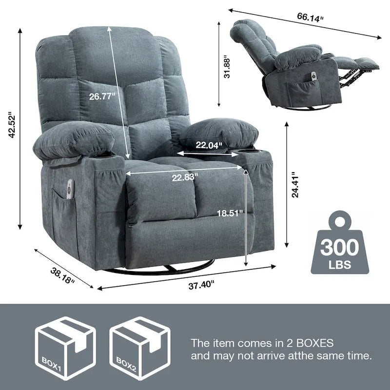 Fauteuil inclinable à bascule avec fonction chauffante et massante (bleu/marron/gris), 1 personne